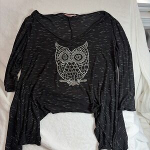 SJS Women's Beaded Owl Embellished Top V Neck 1X 3/4 Sleeve Black White Textured